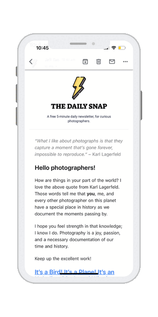 The Daily Snap newsletter shown on a phone